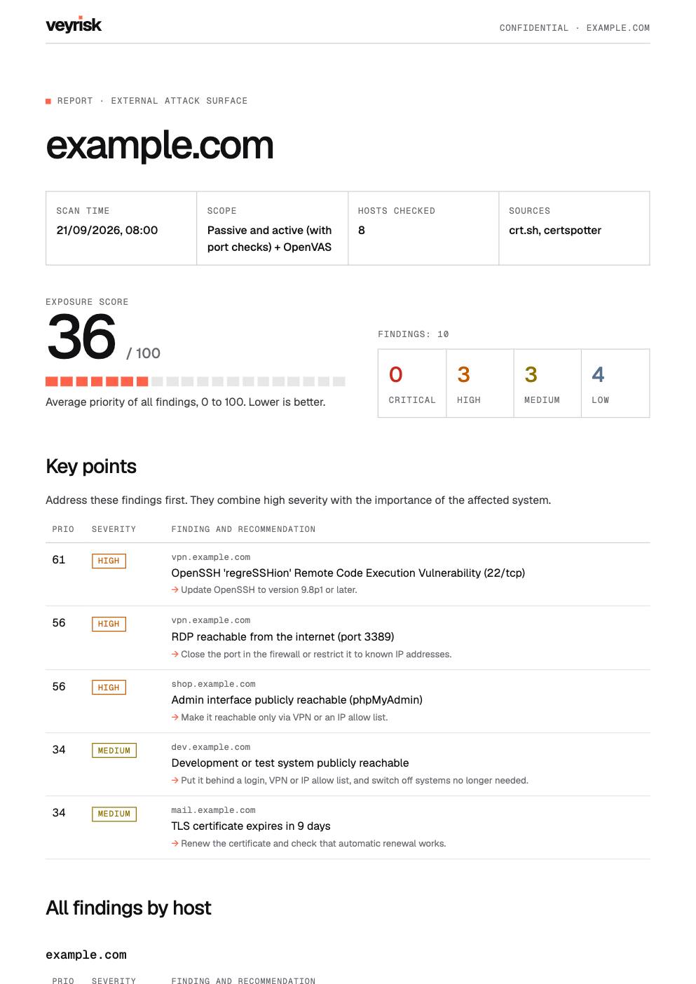 First page of a veyrisk report for the sample company example.com with exposure score, finding counts and the most important findings